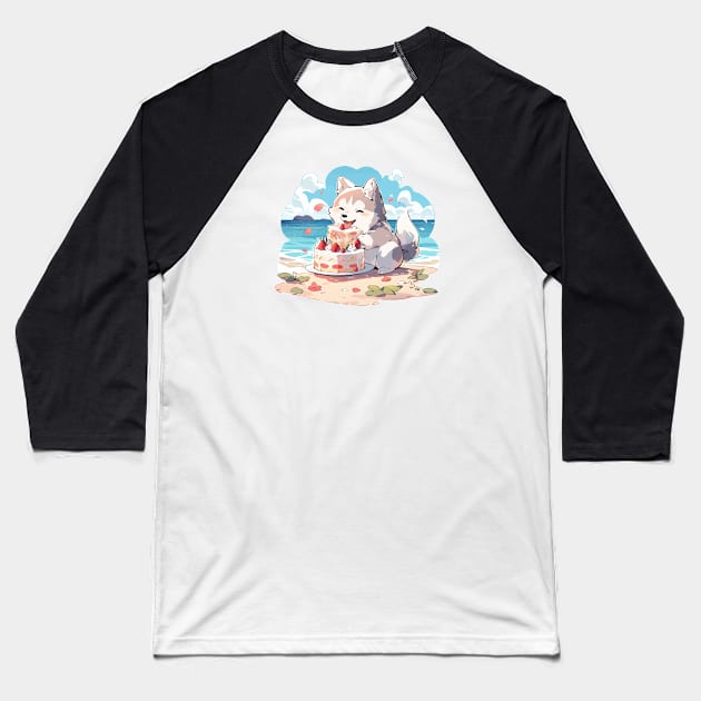 A husky dog enjoying a cake by the ocean Baseball T-Shirt by etherElric